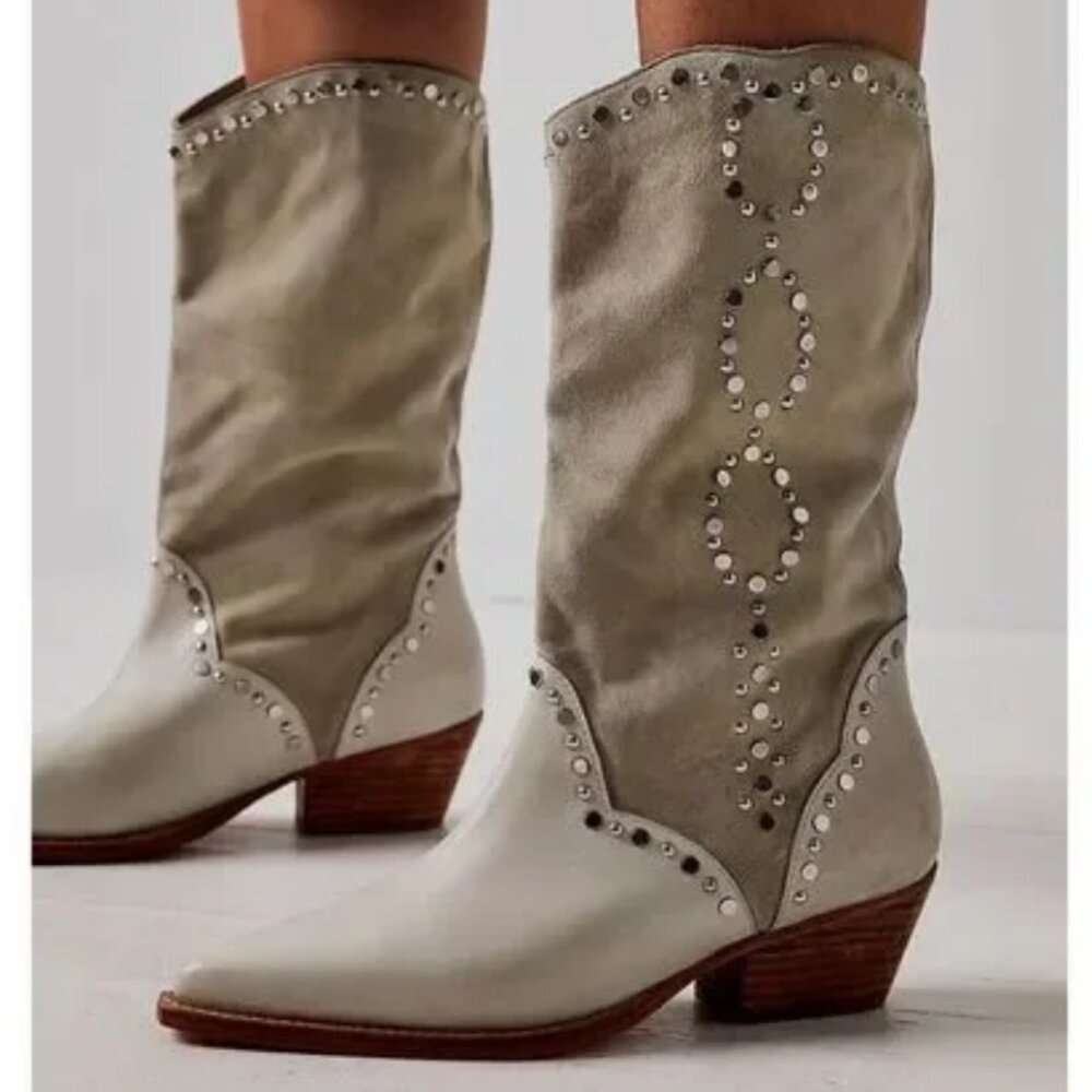 Free People Jaxon Natural Studded Leather Western Cowboy Boots
